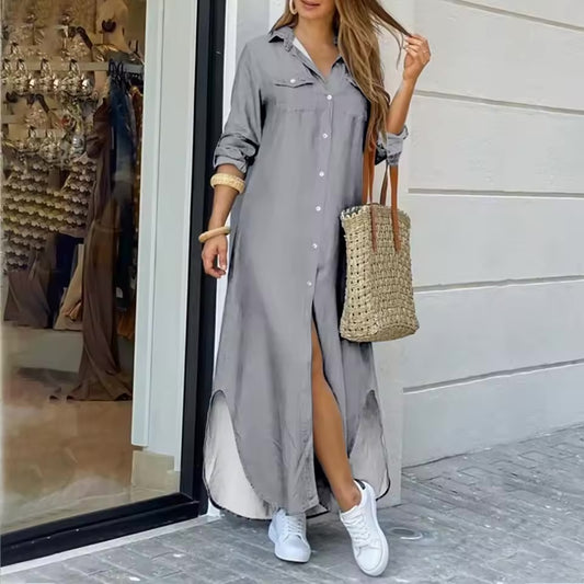 Moda feminina lapela botões camisa vestido de manga longa botão para baixo sexy fenda camisa vestido leve conforto vestidos para o sexo feminin