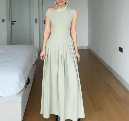 Vestidos femininos 2026 nova moda roupas femininas verão em torno do pescoço manga curta retalhos assimétrico plissado vestido de cintura alta