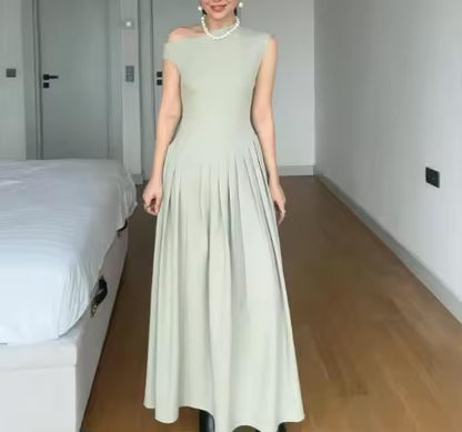 Vestidos femininos 2026 nova moda roupas femininas verão em torno do pescoço manga curta retalhos assimétrico plissado vestido de cintura alta