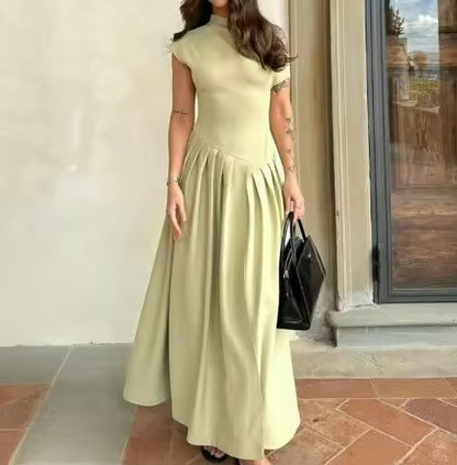 Vestidos femininos 2026 nova moda roupas femininas verão em torno do pescoço manga curta retalhos assimétrico plissado vestido de cintura alta