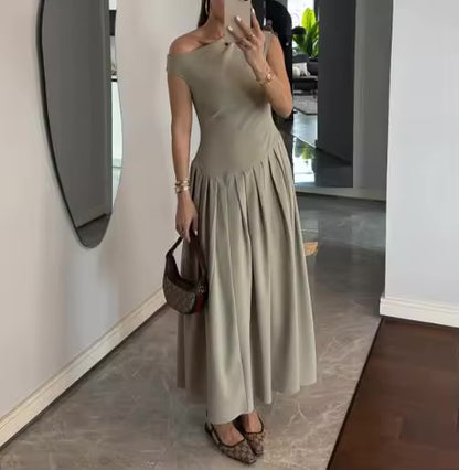 Vestidos femininos 2026 nova moda roupas femininas verão em torno do pescoço manga curta retalhos assimétrico plissado vestido de cintura alta