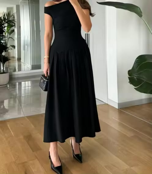 Vestidos femininos 2026 nova moda roupas femininas verão em torno do pescoço manga curta retalhos assimétrico plissado vestido de cintura alta