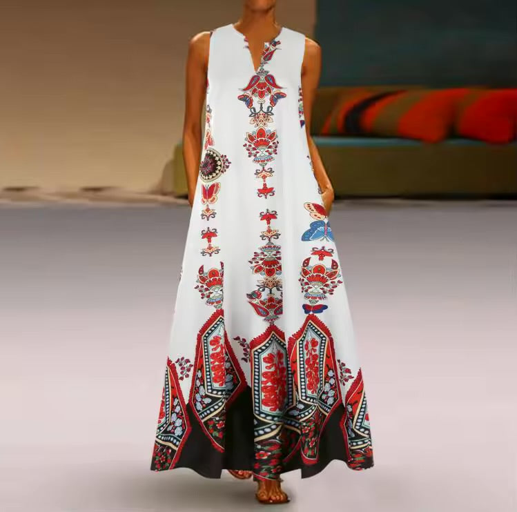 Vestido estampado vintage feminino, sem mangas, decote em v, vestido de verão solto, tanque feminino, vestidos maxi, senhoras, longo, sexy, verão, 2022