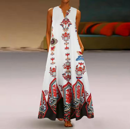 Vestido estampado vintage feminino, sem mangas, decote em v, vestido de verão solto, tanque feminino, vestidos maxi, senhoras, longo, sexy, verão, 2022