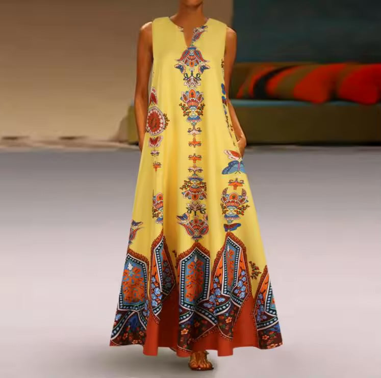 Vestido estampado vintage feminino, sem mangas, decote em v, vestido de verão solto, tanque feminino, vestidos maxi, senhoras, longo, sexy, verão, 2022