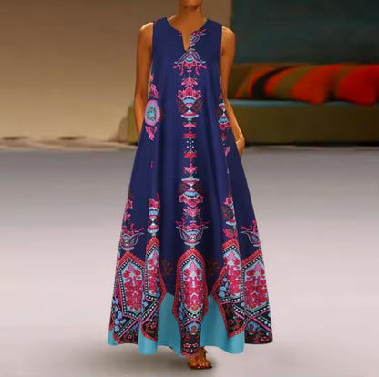 Vestido estampado vintage feminino, sem mangas, decote em v, vestido de verão solto, tanque feminino, vestidos maxi, senhoras, longo, sexy, verão, 2022
