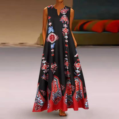 Vestido estampado vintage feminino, sem mangas, decote em v, vestido de verão solto, tanque feminino, vestidos maxi, senhoras, longo, sexy, verão, 2022