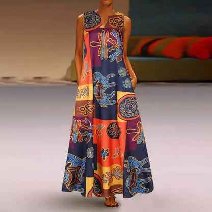 Vestido estampado vintage feminino, sem mangas, decote em v, vestido de verão solto, tanque feminino, vestidos maxi, senhoras, longo, sexy, verão, 2022