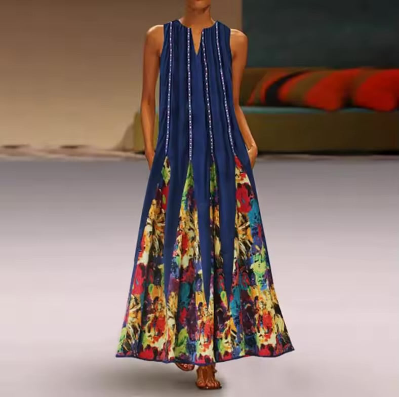 Vestido estampado vintage feminino, sem mangas, decote em v, vestido de verão solto, tanque feminino, vestidos maxi, senhoras, longo, sexy, verão, 2022
