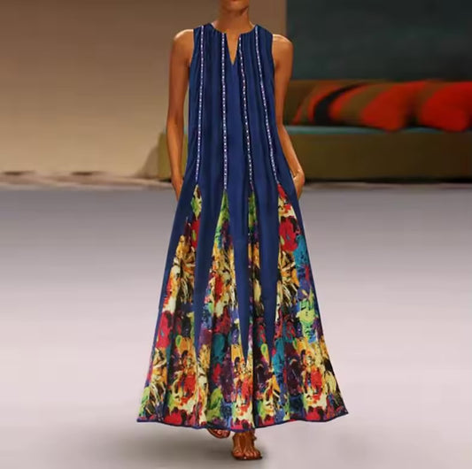 Vestido estampado vintage feminino, sem mangas, decote em v, vestido de verão solto, tanque feminino, vestidos maxi, senhoras, longo, sexy, verão, 2022