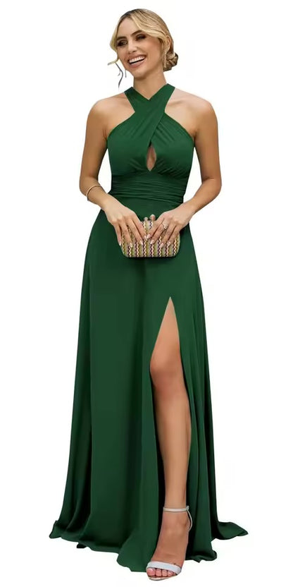 Vestidos Longos de Madrinha Femininos com Fenda, em Chiffon, Modelo Evasê Plissado, para Eventos Formais