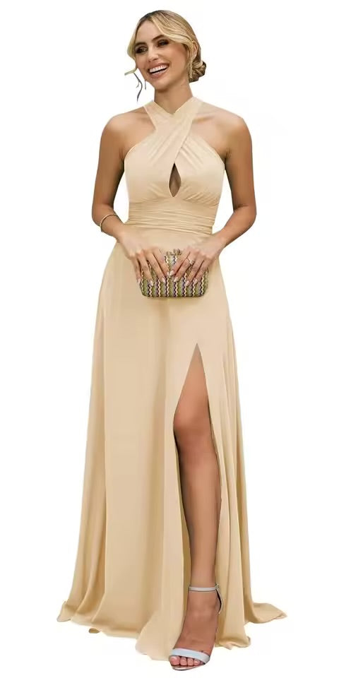 Vestidos Longos de Madrinha Femininos com Fenda, em Chiffon, Modelo Evasê Plissado, para Eventos Formais