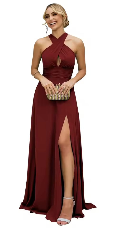 Vestidos Longos de Madrinha Femininos com Fenda, em Chiffon, Modelo Evasê Plissado, para Eventos Formais