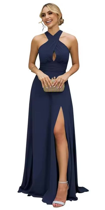 Vestidos Longos de Madrinha Femininos com Fenda, em Chiffon, Modelo Evasê Plissado, para Eventos Formais