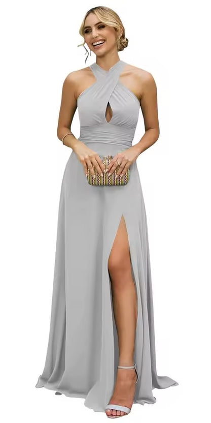 Vestidos Longos de Madrinha Femininos com Fenda, em Chiffon, Modelo Evasê Plissado, para Eventos Formais