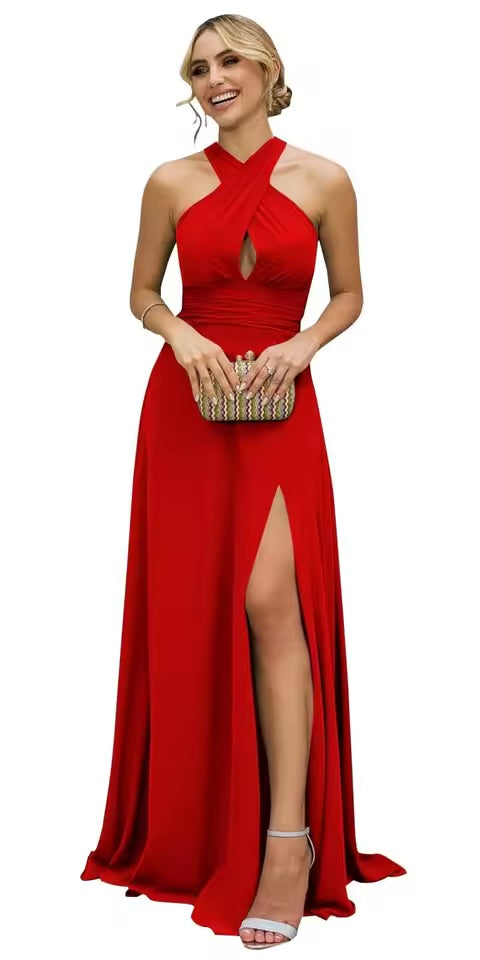 Vestidos Longos de Madrinha Femininos com Fenda, em Chiffon, Modelo Evasê Plissado, para Eventos Formais
