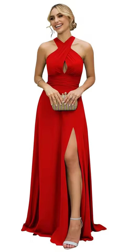 Vestidos Longos de Madrinha Femininos com Fenda, em Chiffon, Modelo Evasê Plissado, para Eventos Formais
