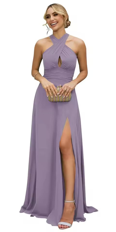 Vestidos Longos de Madrinha Femininos com Fenda, em Chiffon, Modelo Evasê Plissado, para Eventos Formais