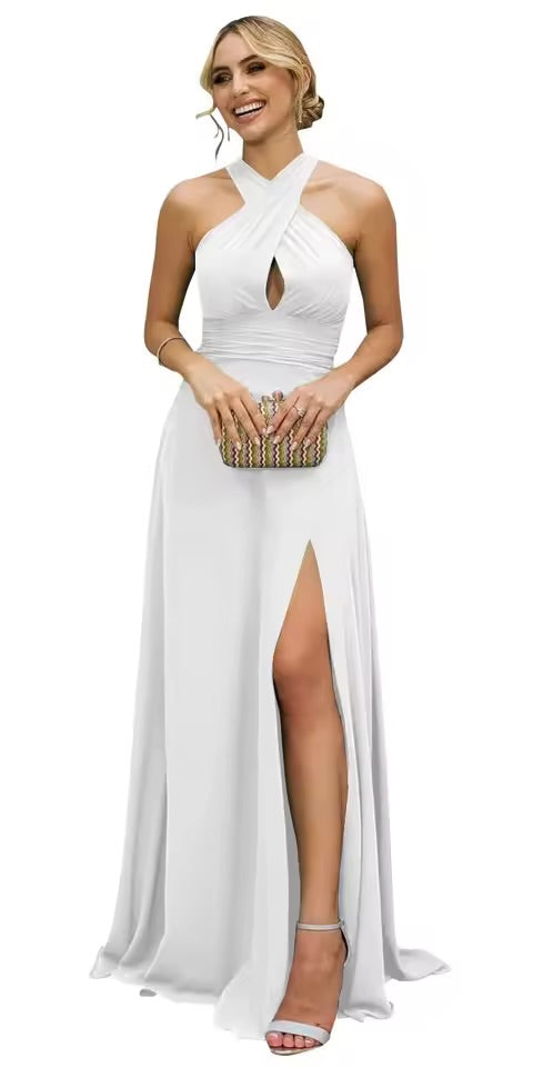 Vestidos Longos de Madrinha Femininos com Fenda, em Chiffon, Modelo Evasê Plissado, para Eventos Formais