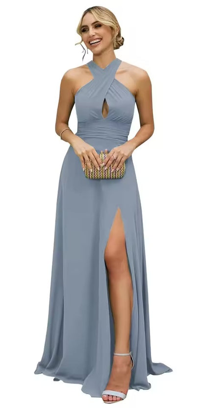 Vestidos Longos de Madrinha Femininos com Fenda, em Chiffon, Modelo Evasê Plissado, para Eventos Formais