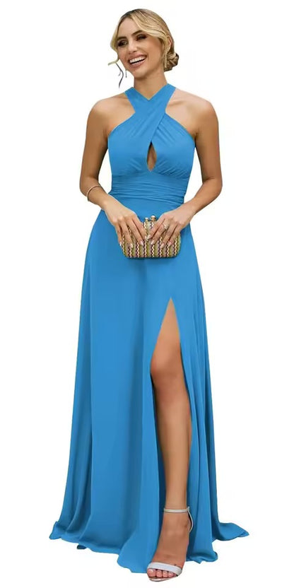 Vestidos Longos de Madrinha Femininos com Fenda, em Chiffon, Modelo Evasê Plissado, para Eventos Formais