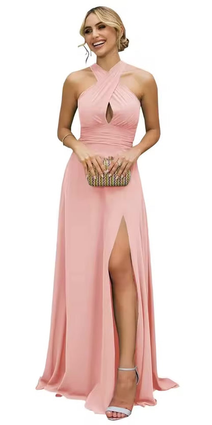 Vestidos Longos de Madrinha Femininos com Fenda, em Chiffon, Modelo Evasê Plissado, para Eventos Formais