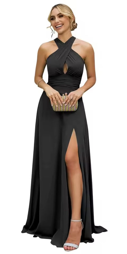 Vestidos Longos de Madrinha Femininos com Fenda, em Chiffon, Modelo Evasê Plissado, para Eventos Formais