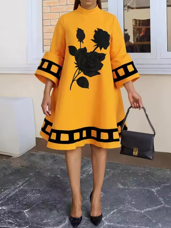 Modigirl flor impressão solta vestidos amarelos para mulheres outono inverno roupas mangas alargadas mulher midi casual vestido linha a