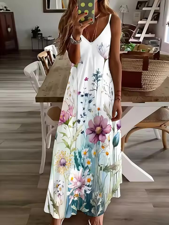 Vestido de férias havaiano sexy com decote em V com decote em V, vestido de flores, fresco, pequeno, floral, rua, moda sexy, festa, jantar, noite