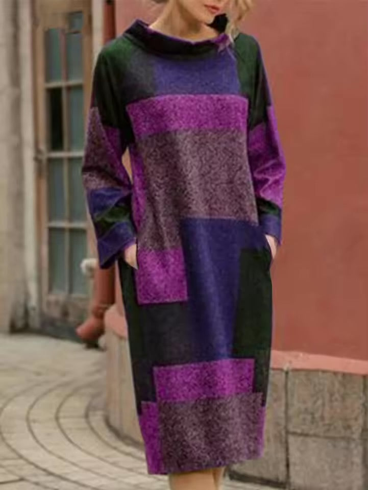 Vestido feminino xadrez manga comprida semi gola alta feminino estampado geométrico artístico estilo retrô vestido de outono