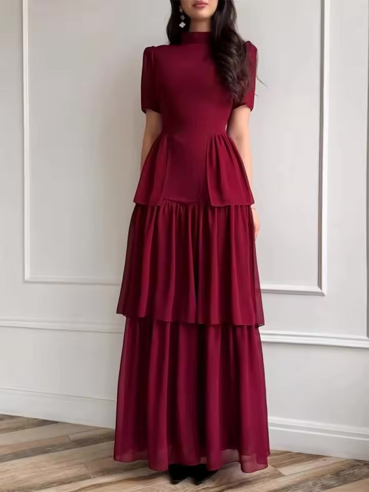 Vestido Longo Plissado em Camadas para Festa, Cor Sólida Simples, Cintura Alta, Gola Alta, Manga Curta, Verão 2026 Feminino  C