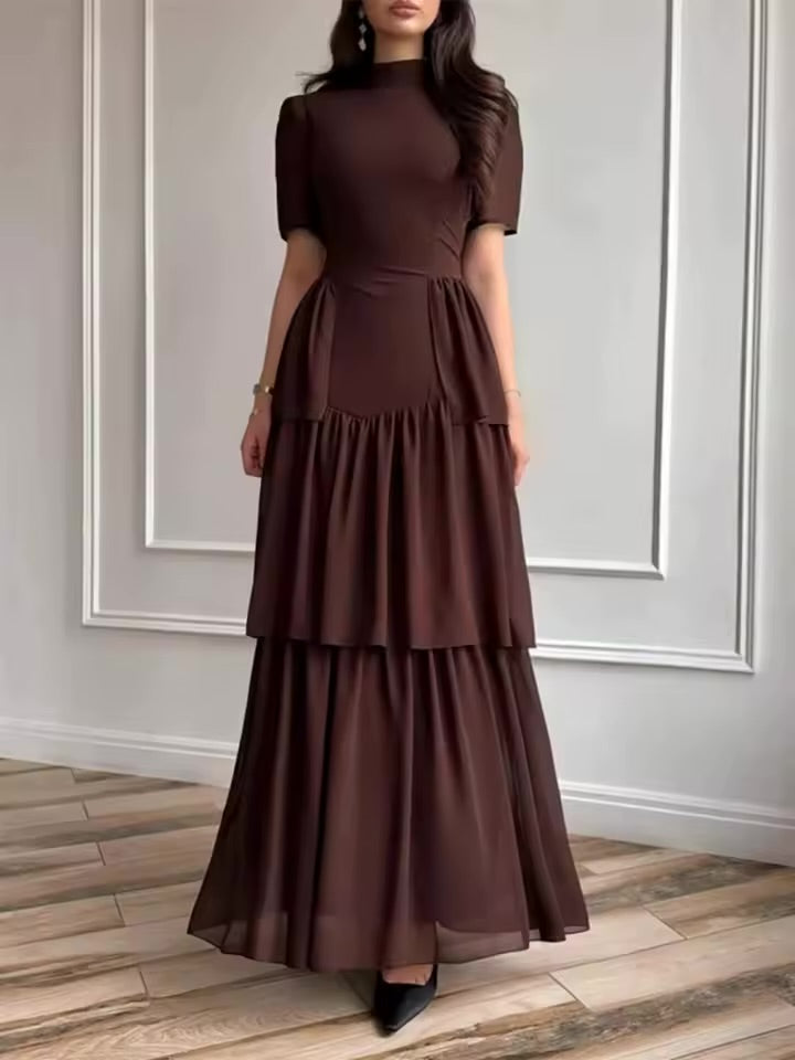 Vestido Longo Plissado em Camadas para Festa, Cor Sólida Simples, Cintura Alta, Gola Alta, Manga Curta, Verão 2026 Feminino  C