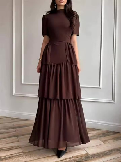 Vestido Longo Plissado em Camadas para Festa, Cor Sólida Simples, Cintura Alta, Gola Alta, Manga Curta, Verão 2026 Feminino  C