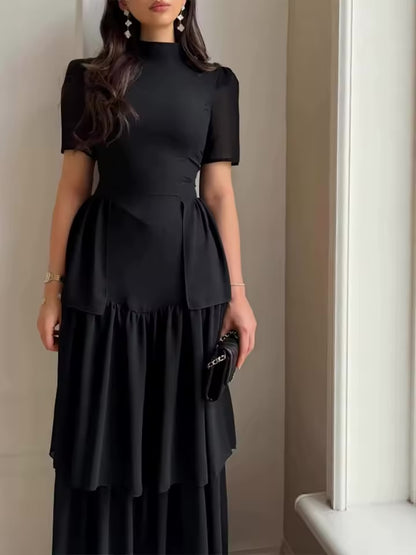 Vestido Longo Plissado em Camadas para Festa, Cor Sólida Simples, Cintura Alta, Gola Alta, Manga Curta, Verão 2026 Feminino  C