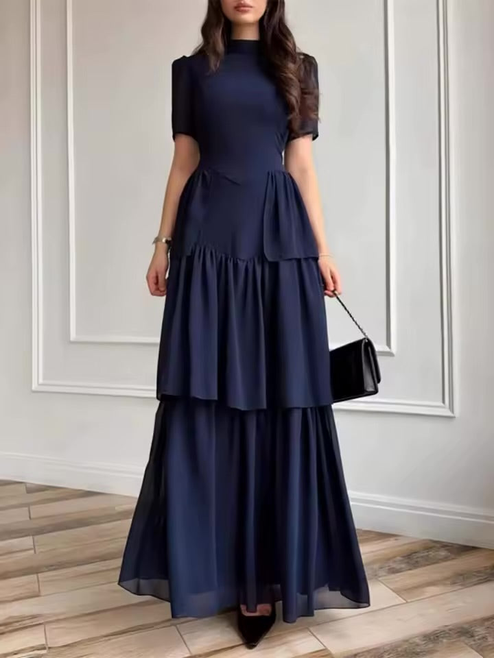 Vestido Longo Plissado em Camadas para Festa, Cor Sólida Simples, Cintura Alta, Gola Alta, Manga Curta, Verão 2026 Feminino  C