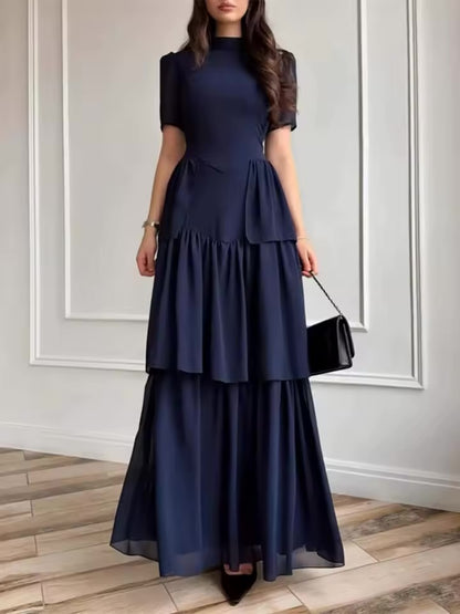 Vestido Longo Plissado em Camadas para Festa, Cor Sólida Simples, Cintura Alta, Gola Alta, Manga Curta, Verão 2026 Feminino  C