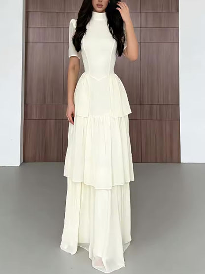 Vestido Longo Plissado em Camadas para Festa, Cor Sólida Simples, Cintura Alta, Gola Alta, Manga Curta, Verão 2026 Feminino  C