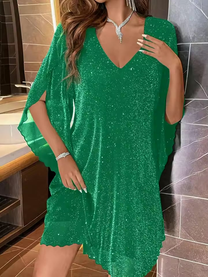 Vestido Mini Feminino Brilhante com Decote em V e Mangas Largas para Ocasiões de Festa