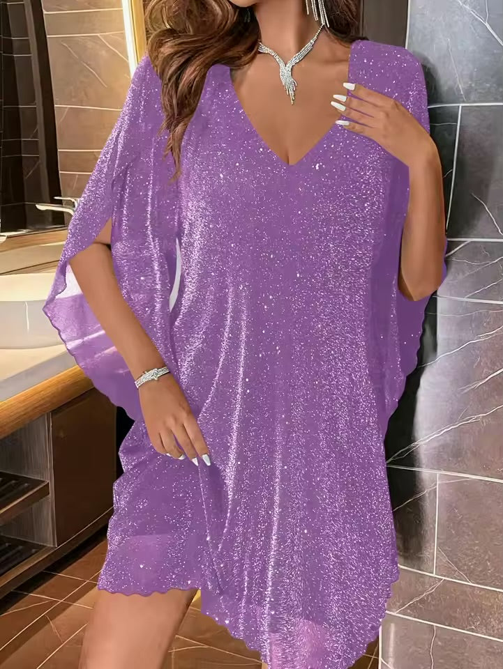 Vestido Mini Feminino Brilhante com Decote em V e Mangas Largas para Ocasiões de Festa