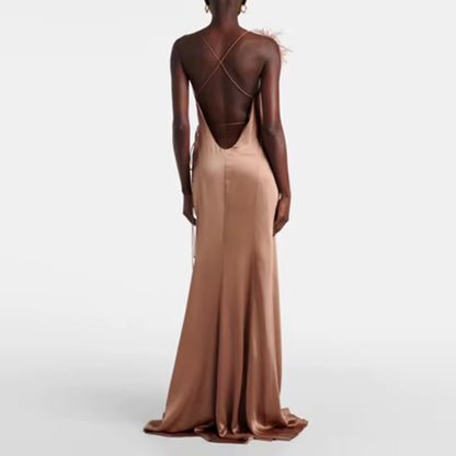 Vestido Longo Feminino de Cetim com Decote V e Cintura Envolvente, Fenda Alta, Costas Nuas e Vazado, Estilo Chique para Festa, Primavera e Verão
