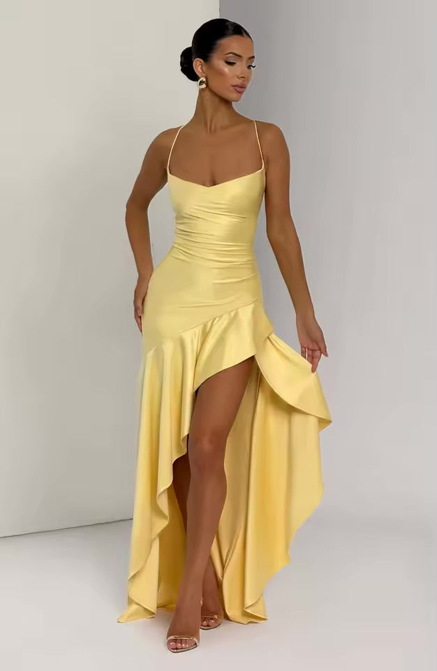 Vestidos de verão para mulher sexy vestidos finos sem costas elegante vestido de noite fenda cor sólida cinta de espaguete leace-up temperamento