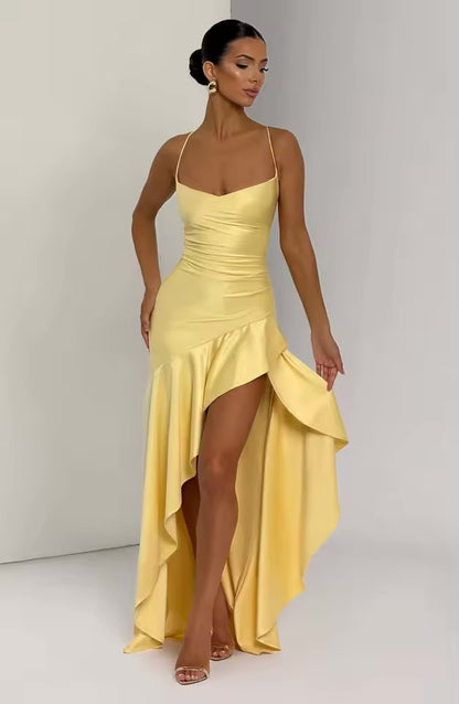 Vestidos de verão para mulher sexy vestidos finos sem costas elegante vestido de noite fenda cor sólida cinta de espaguete leace-up temperamento