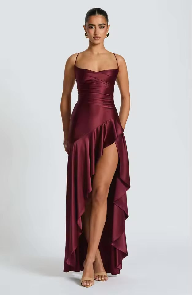Vestidos de verão para mulher sexy vestidos finos sem costas elegante vestido de noite fenda cor sólida cinta de espaguete leace-up temperamento
