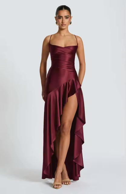 Vestidos de verão para mulher sexy vestidos finos sem costas elegante vestido de noite fenda cor sólida cinta de espaguete leace-up temperamento