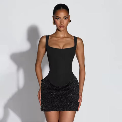 2026 verão sexy vestido vestidos mulher vestido quente estilo menina na moda pacote hip lantejoulas estilingue banquete sem costas festa de formatura