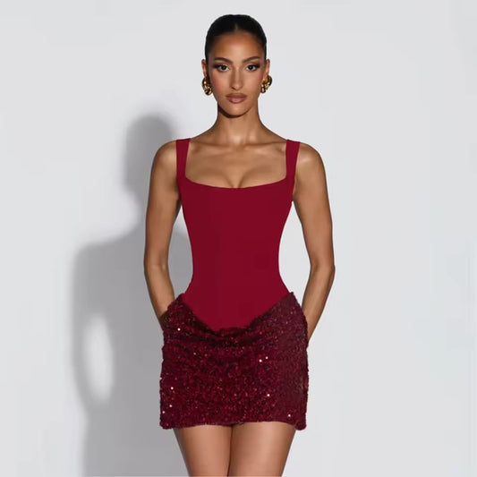 2026 verão sexy vestido vestidos mulher vestido quente estilo menina na moda pacote hip lantejoulas estilingue banquete sem costas festa de formatura