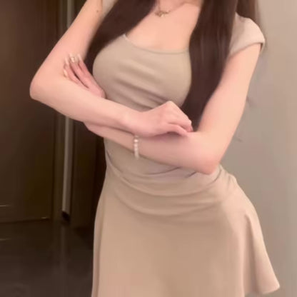 Francês sexy spice girl vestido de manga curta com decote em u 2025 cintura de verão uma saia curta