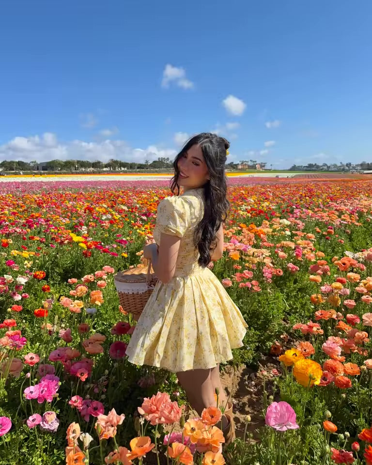 Vestido Mini Amarelo Floral com Decote em V e Mangas Bufantes Suninbox para Mulheres, Vestido de Festa de Verão