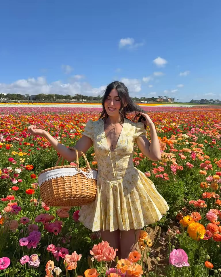 Vestido Mini Amarelo Floral com Decote em V e Mangas Bufantes Suninbox para Mulheres, Vestido de Festa de Verão