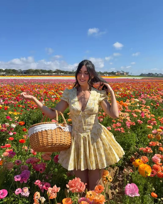 Vestido Mini Amarelo Floral com Decote em V e Mangas Bufantes Suninbox para Mulheres, Vestido de Festa de Verão